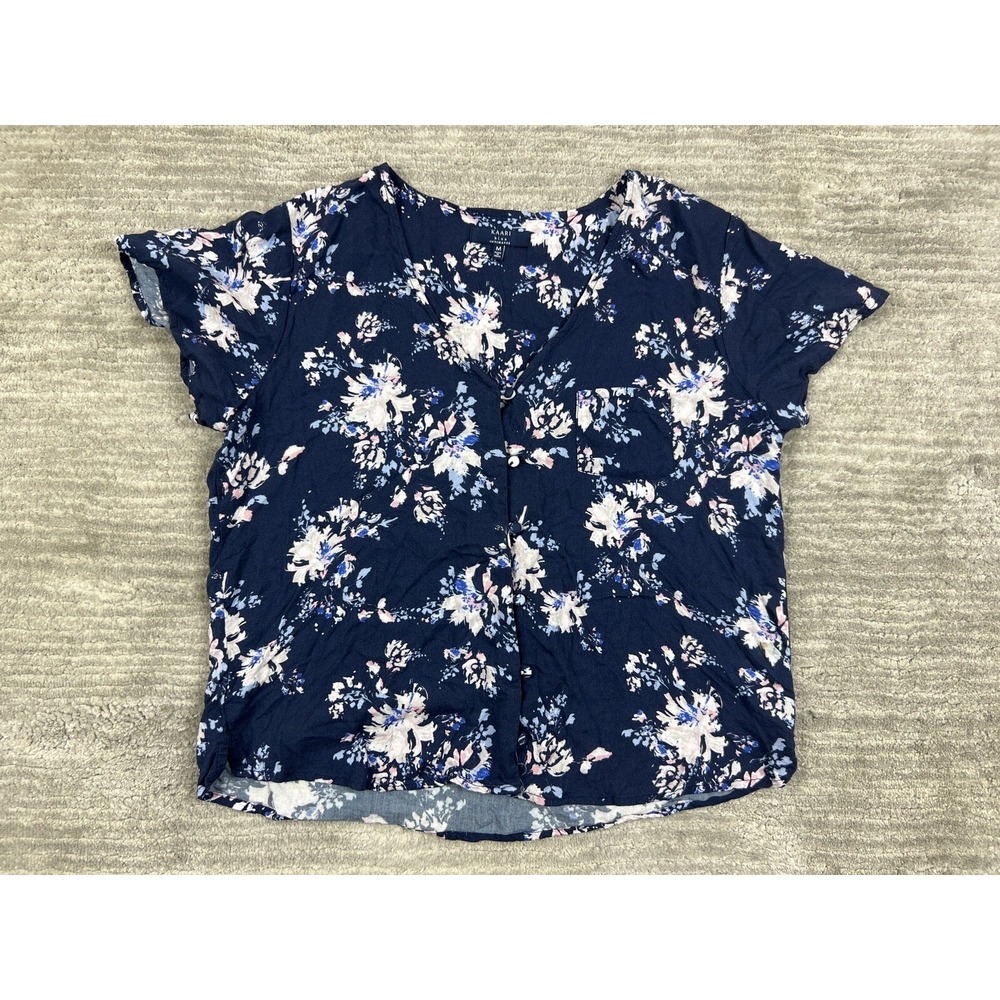Kaari Blue Top Womens M Navy Blue Floral Button Front Short Sleeve V-Neck Rayon